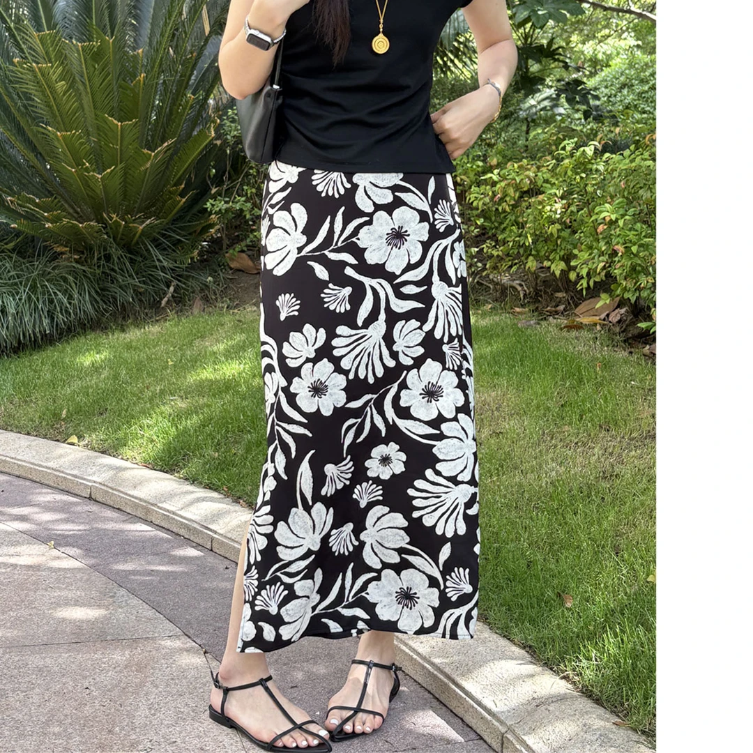 2025夏新款女士长款半身裙 薄款侧开叉印花裙 松紧高腰显瘦包臀