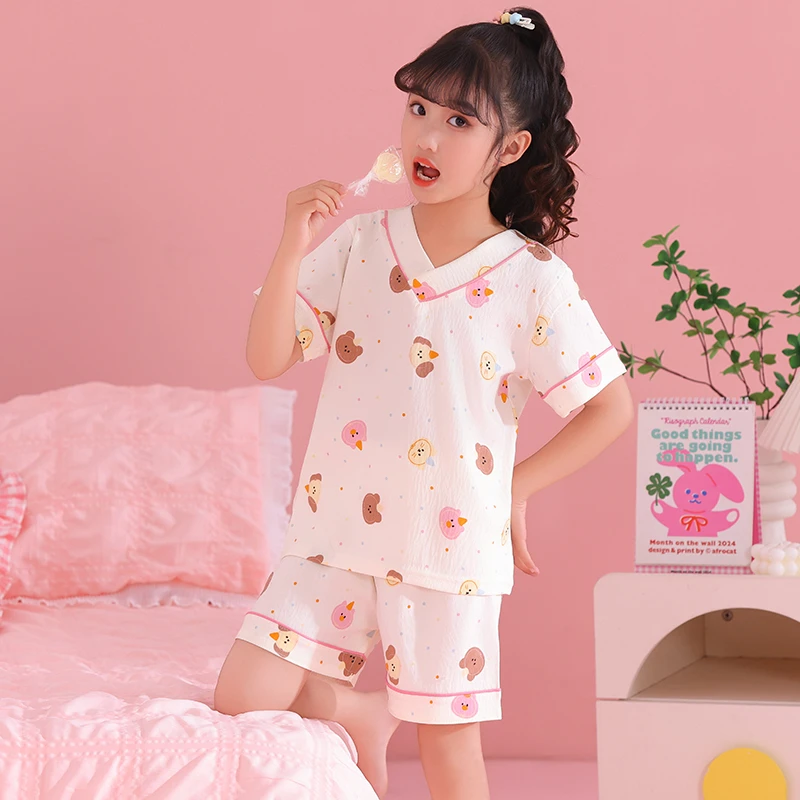 新款夏季女童V领云朵棉中大童睡衣套装短袖短裤卡通女空调家居服