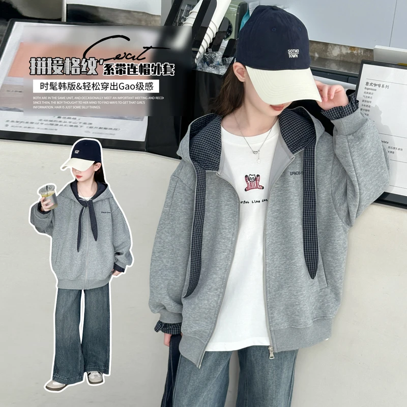 女童秋装休闲连帽格子卫衣中大童6-12岁秋季外套春秋款韩版棒球服