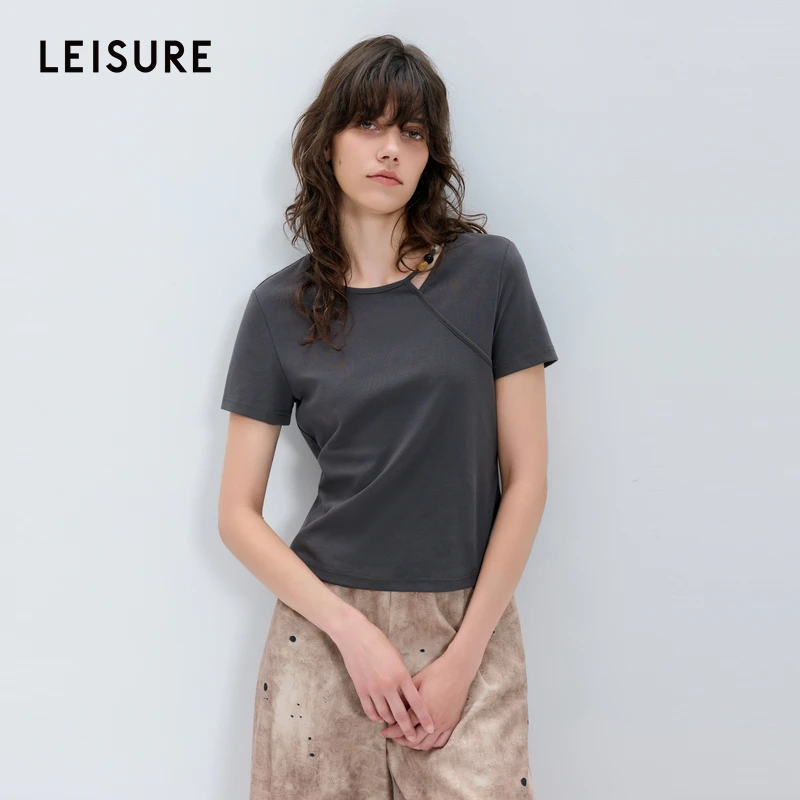 三彩丽雪leisure2025秋季新款修身正肩短袖T恤套头串珠镂空上衣女