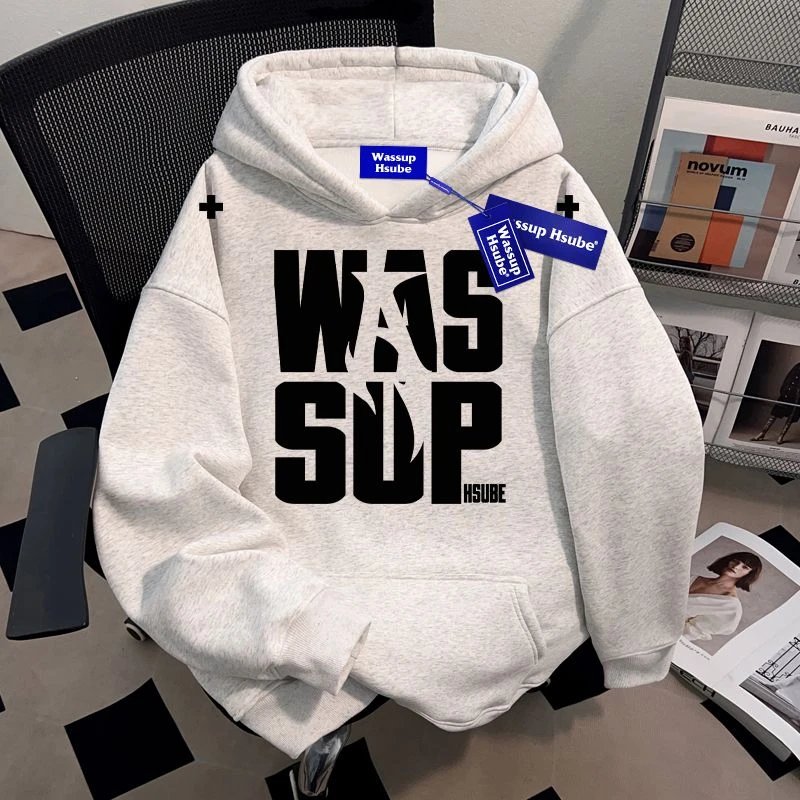秋冬季设计感字母印花时尚上衣白灰色套头男女同款连帽卫衣慵懒风