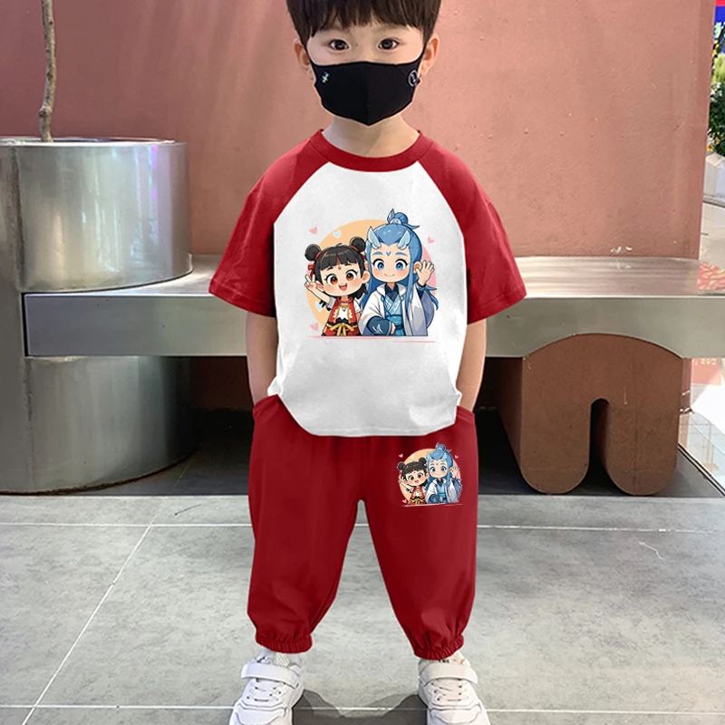 哪吒衣服儿童套装夏季男童纯棉国潮短袖上衣长裤女童两件套中小童