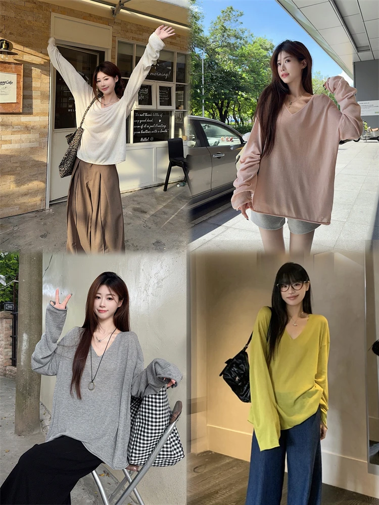孕妇上衣秋季早秋外穿罩衫v领宽松长袖慵懒感t恤软糯打底针织衫女