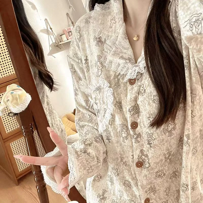 香槟金kitty睡衣女秋冬长袖长裤韩版甜美带胸垫德绒家居服两件套