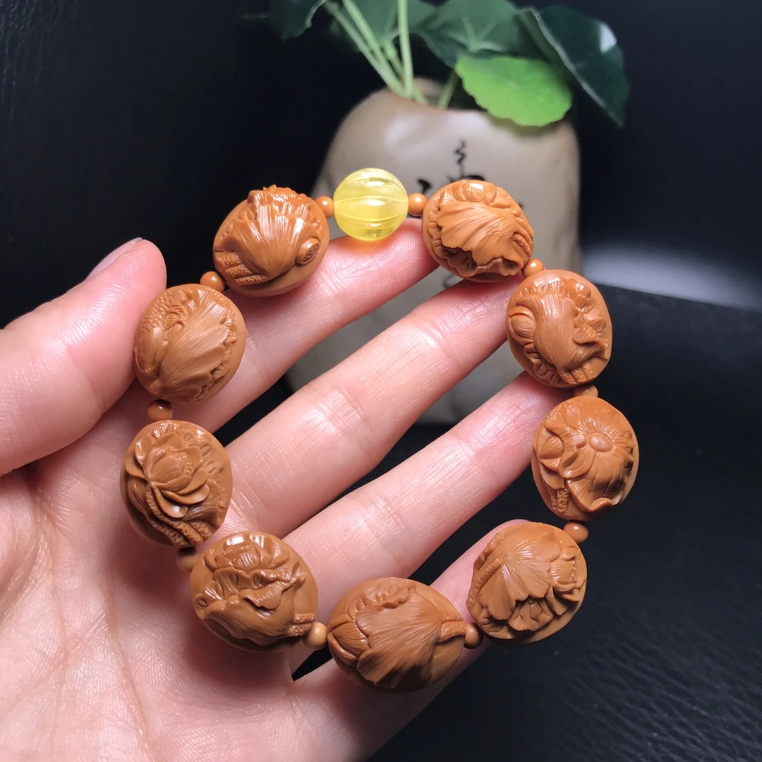 橄榄手串核雕鲤鱼莲花苏工手工雕刻手把男女荷塘月色手链文玩