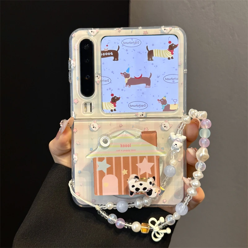 适用华为purax折叠屏手机壳可爱格纹pocket2小狗屋子镜面磁吸支架