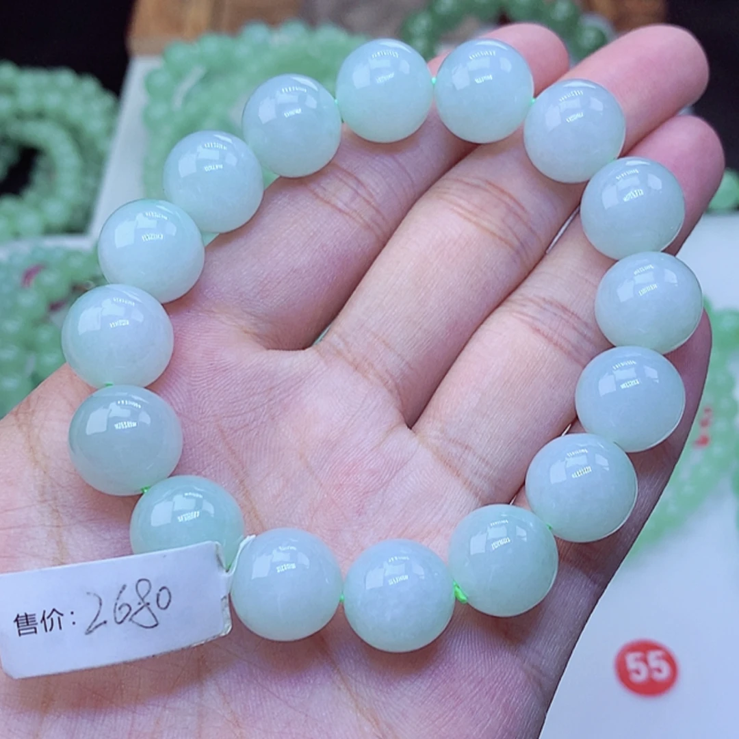 正品缅甸天然翡翠A货卡13m冰胶冰晴水绿圆珠手串男女款时尚百搭