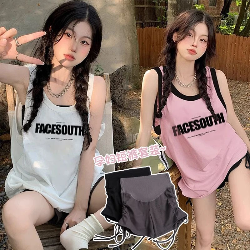 孕妇套装夏天外穿棉可居家舒适无袖背心+抽绳托腹短裤两件套装