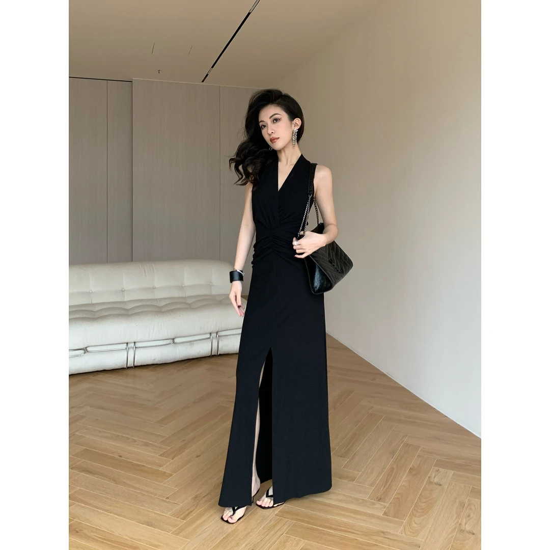 JIJINQI时尚气质显瘦修身设计师无袖收腰开叉连衣裙女JD02LZPT967