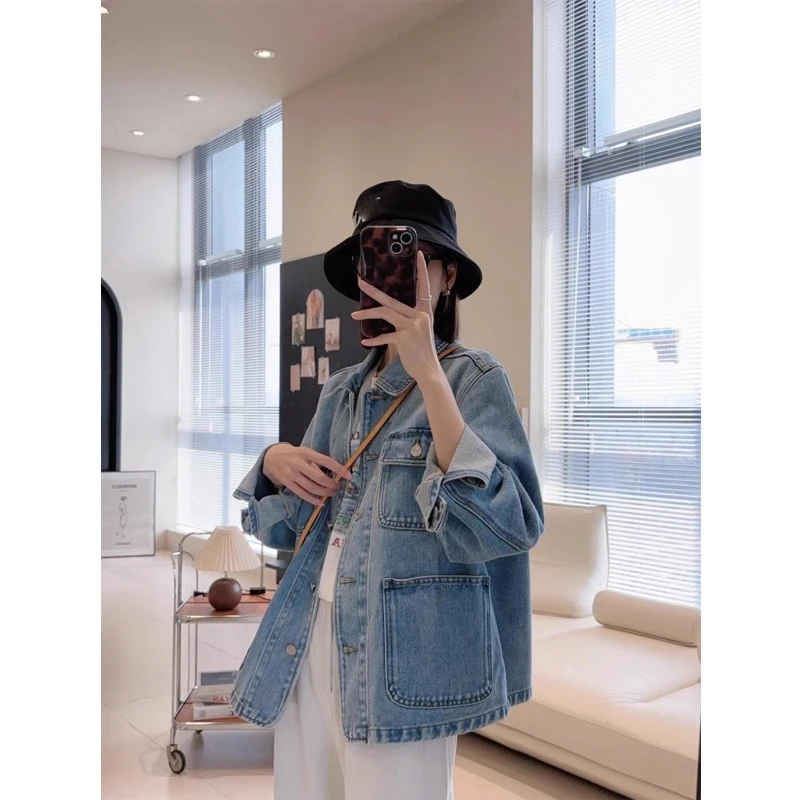 棉70%别致大口袋酵素浅蓝牛仔外套女2025年流行爆款春季时尚百搭