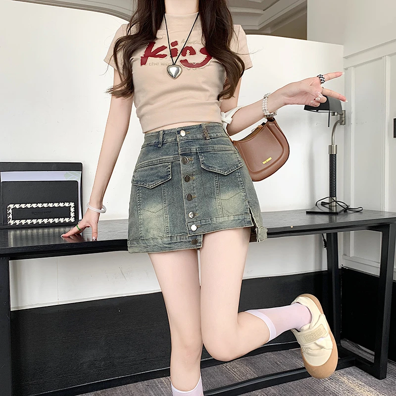 美式复古辣妹牛仔短裤裙女夏季薄款设计感高腰不规则a字阔腿热裤