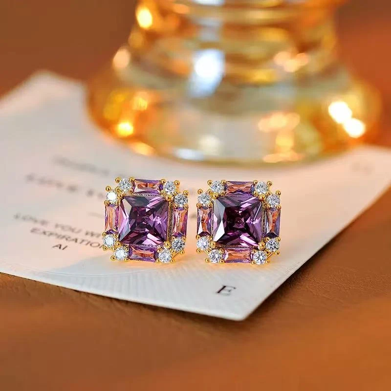 铜合金锦纶耳饰 铜合金合成立方氧化锆E125 轻奢高级紫色耳饰