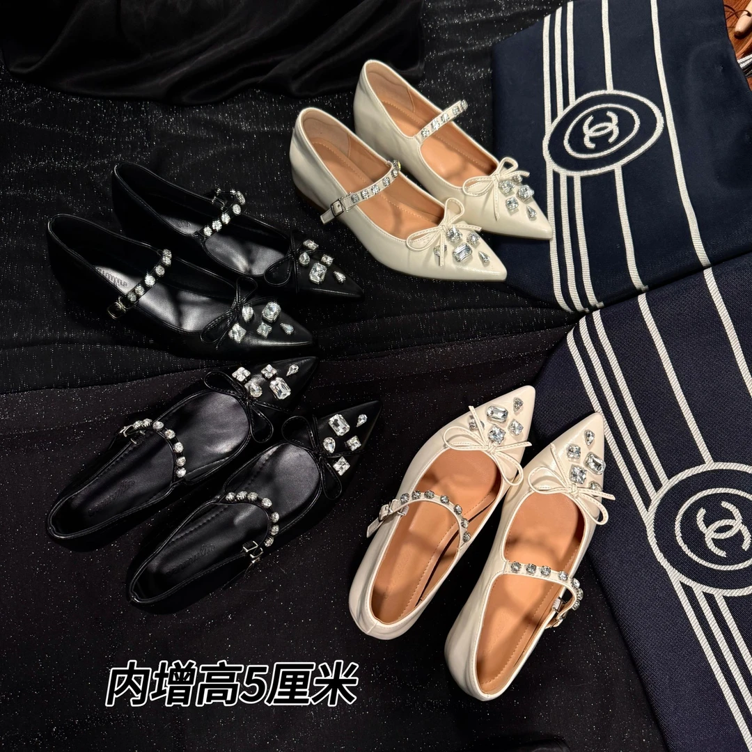 【内增高5厘米】水钻尖头蝴蝶结一字带气质真皮单鞋