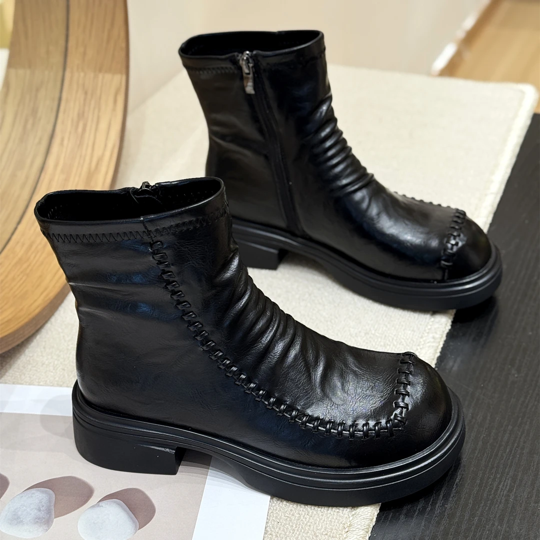 英伦风褶皱厚底洋气堆堆靴女2025新款秋冬时髦超火学院风粗跟短靴