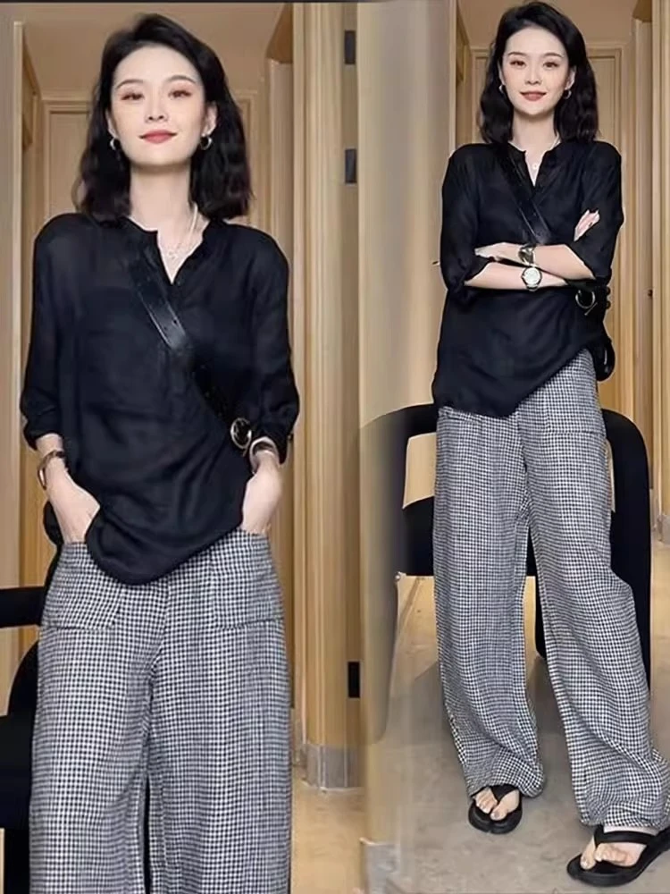 2025夏季新款时尚套装女洋气显瘦薄款防晒衬衫格子阔腿裤两件套潮