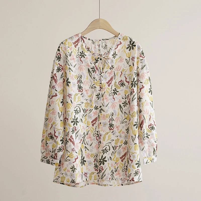 西班牙订单度假碎花Ｖ领系带印花女士衬衫（250324）20437