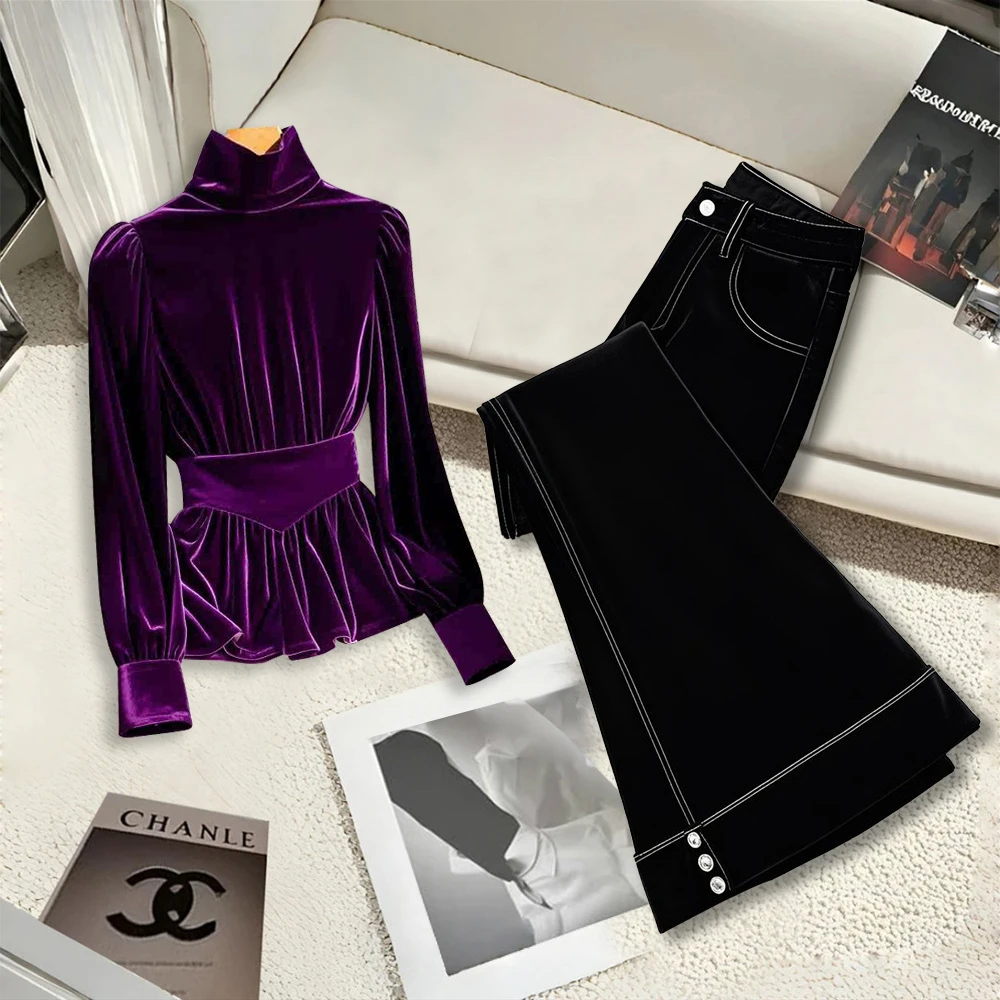 冬季穿搭一整套高级感紫色衬衫女装新款高腰百搭休闲直筒裤两件套