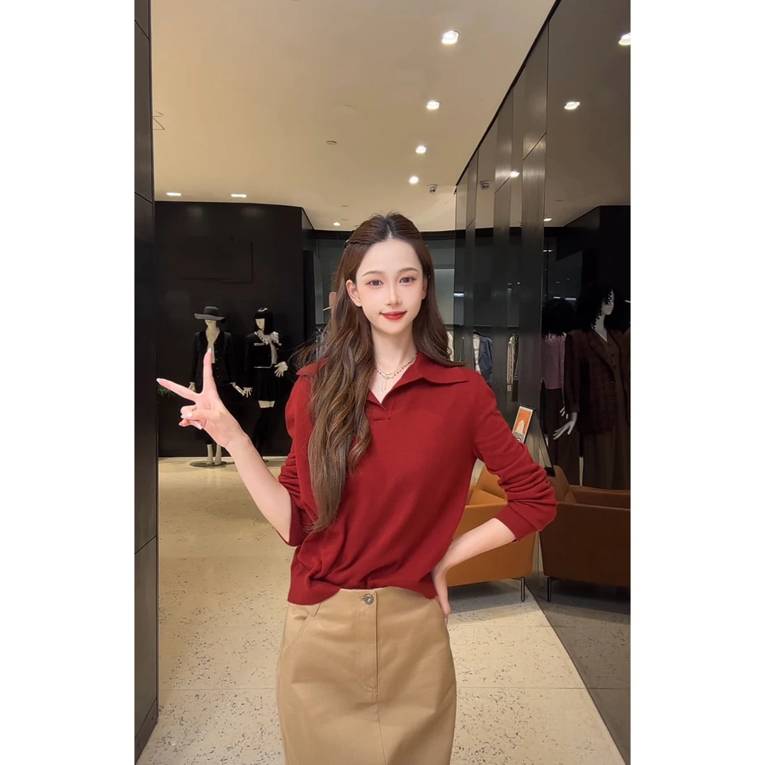 GIRDEAR/哥弟简约通勤百搭V型翻领羊毛长袖针织衫1399744