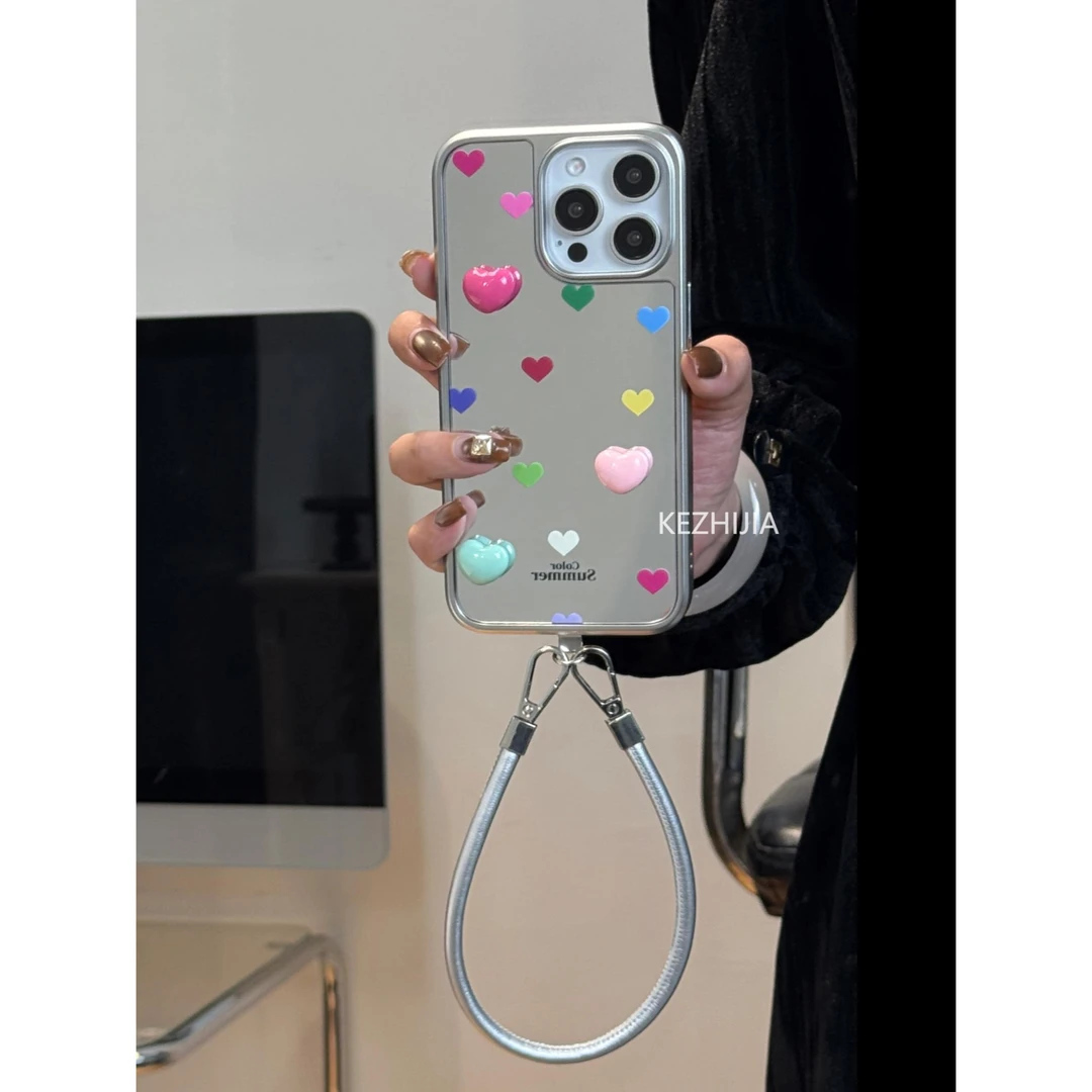 【壳之】高级镜面立体彩色爱心适用苹果16/15/14/13promax女手机壳