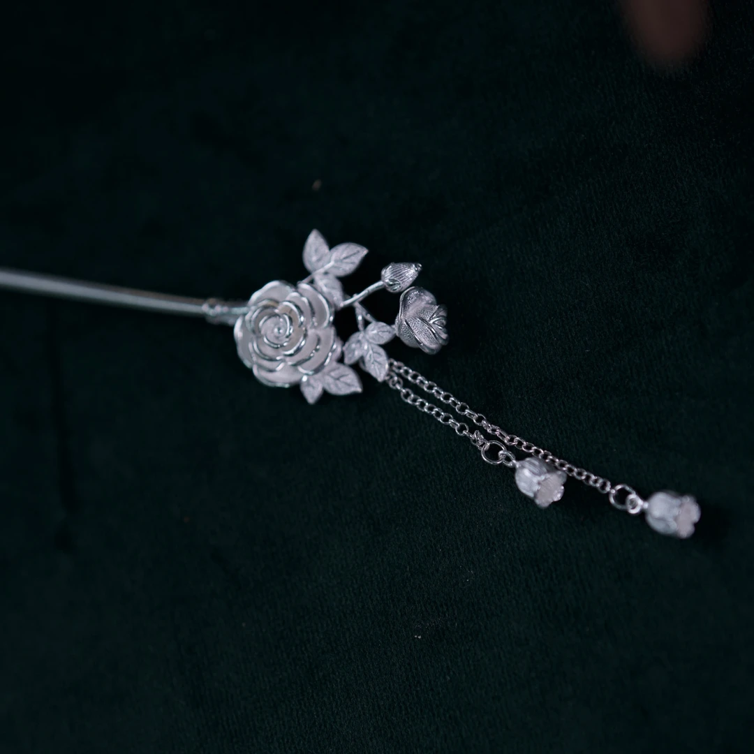 足银银制品 【玫瑰花铃兰花发簪】时尚百搭流苏发簪