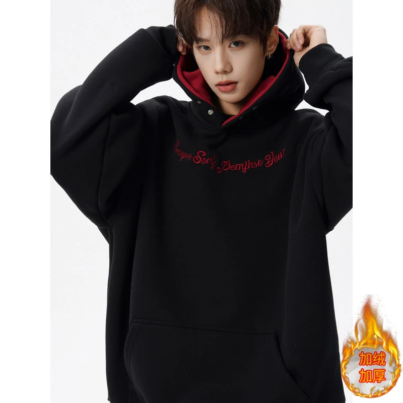 美式设计重磅连帽加绒加厚卫衣男宽松秋冬季外套上衣刺绣潮牌帽衫