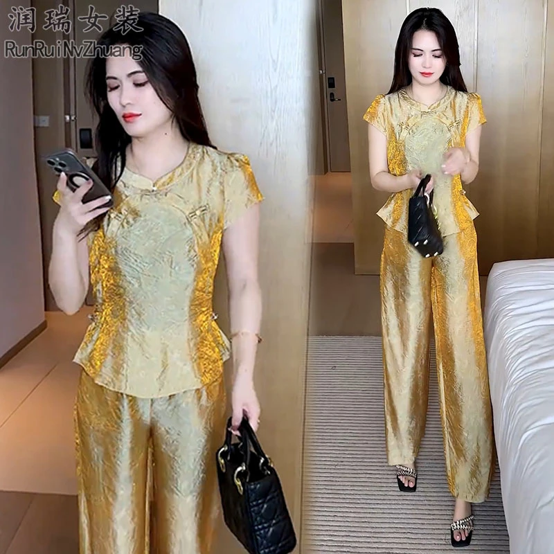 新中式国风时尚套装女2025夏季新款女人盘扣短袖小衫阔腿裤两件套