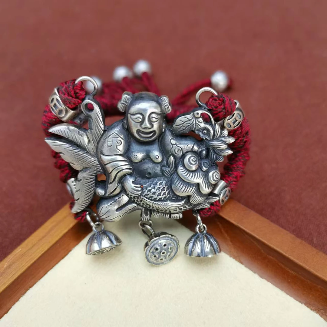 足银手链 足银福娃抱鱼编织手链手工簪刻复古国潮民族风个性大气