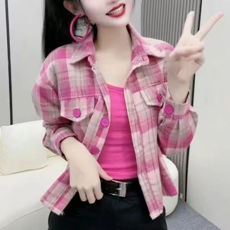 美式复古长袖格子衬衫外套女款2025新款秋季小众宽松衬衣外穿上衣