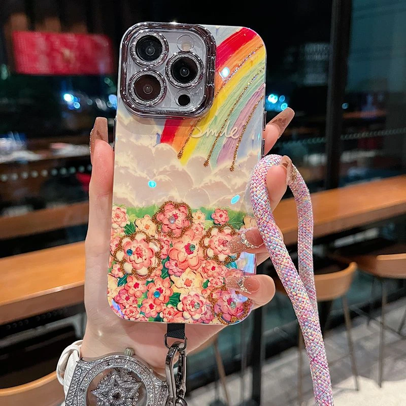 适用苹果系列iPhone16新款手机壳油画花海挂绳银灰色闪粉镜头支架