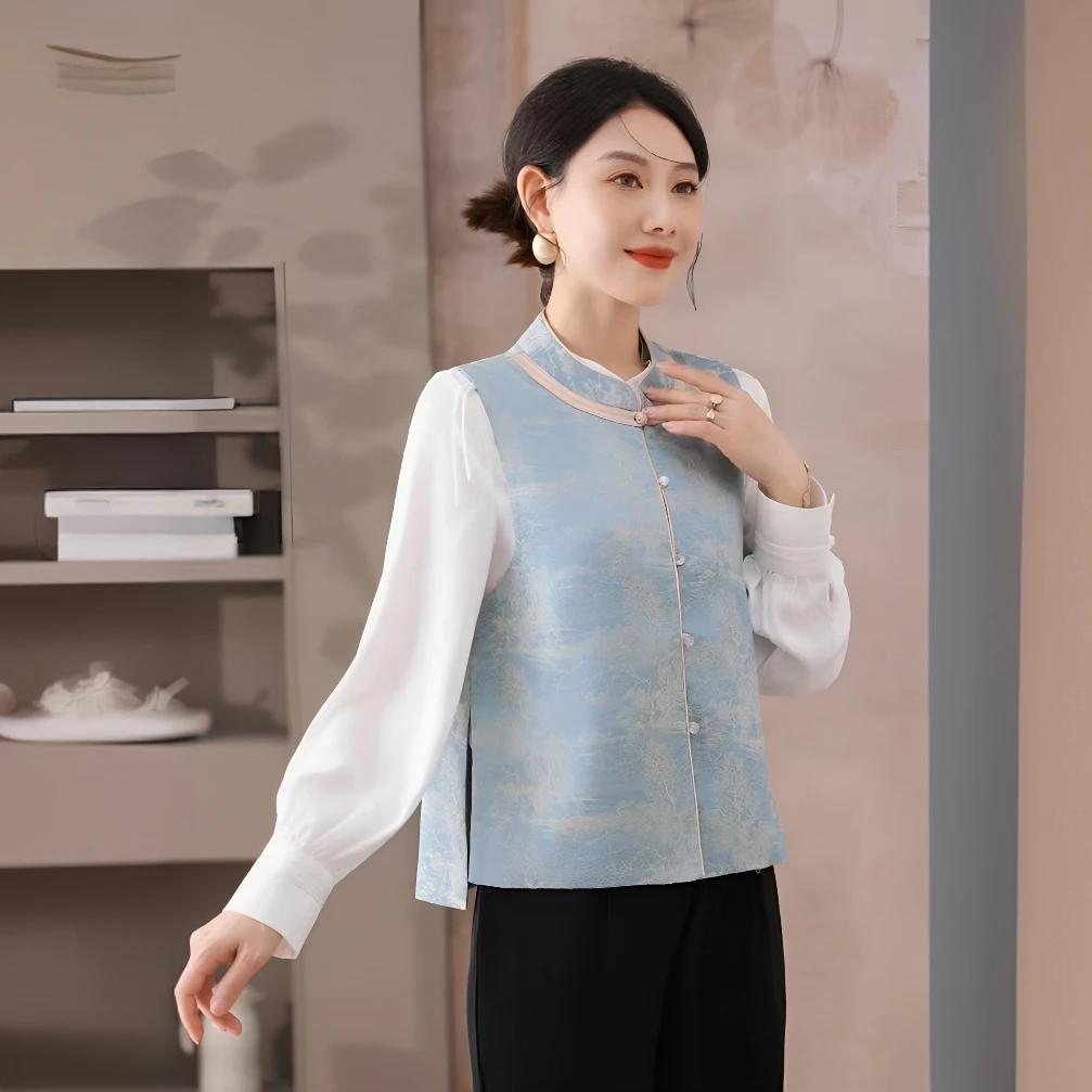 新款新中式国风真丝印花盘扣轻薄款女马甲百搭宽松妈妈装