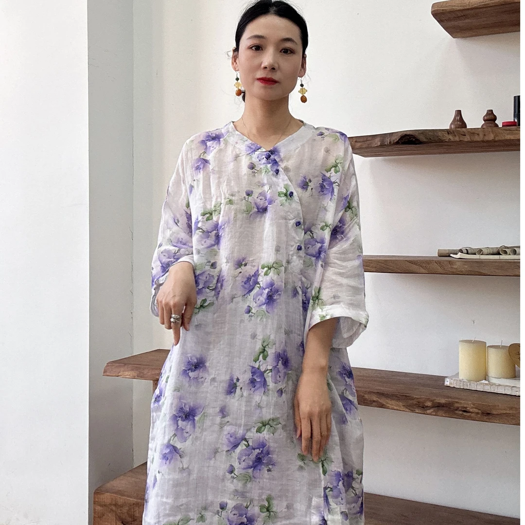 夏季宽松重磅复古水墨印花圆领中式苎麻印花高级感气质时尚连衣裙