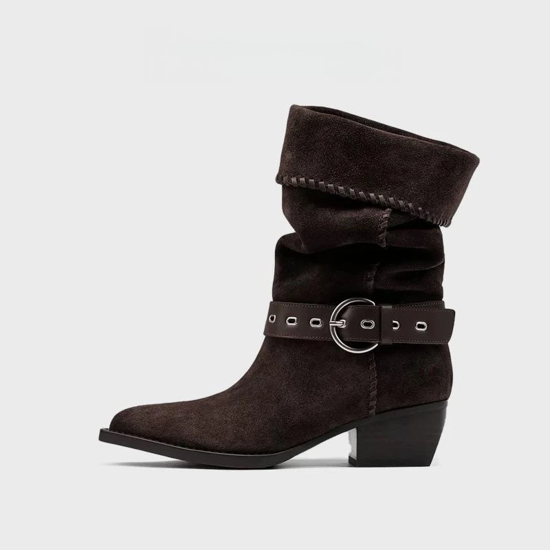 高跟鞋白鹿钟楚曦同款复古两穿骑士靴女2025新款软皮阔腿裤必备鞋