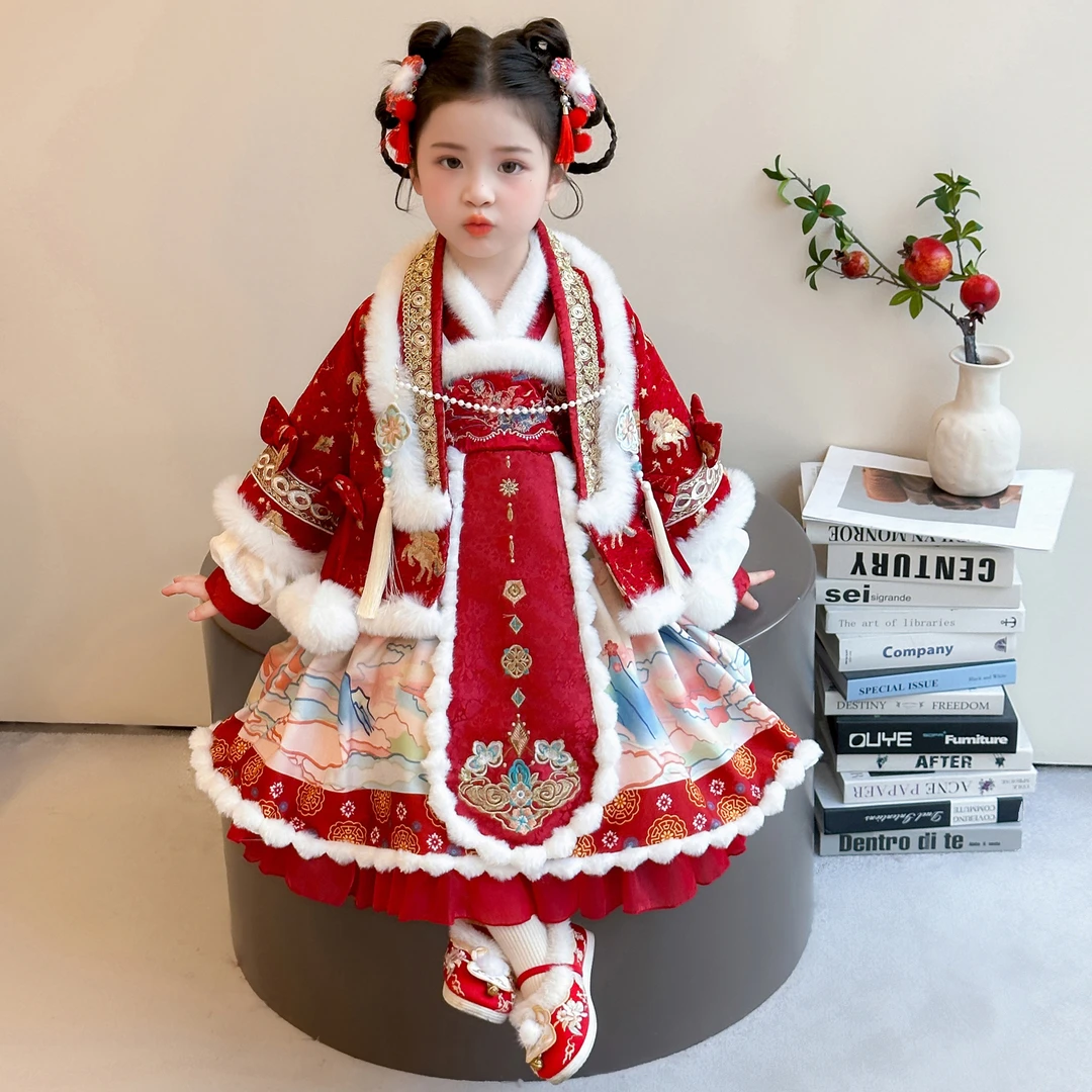 女童新中式重工刺绣拜年服披风套装2026冬季国风宝宝年服裙两件套