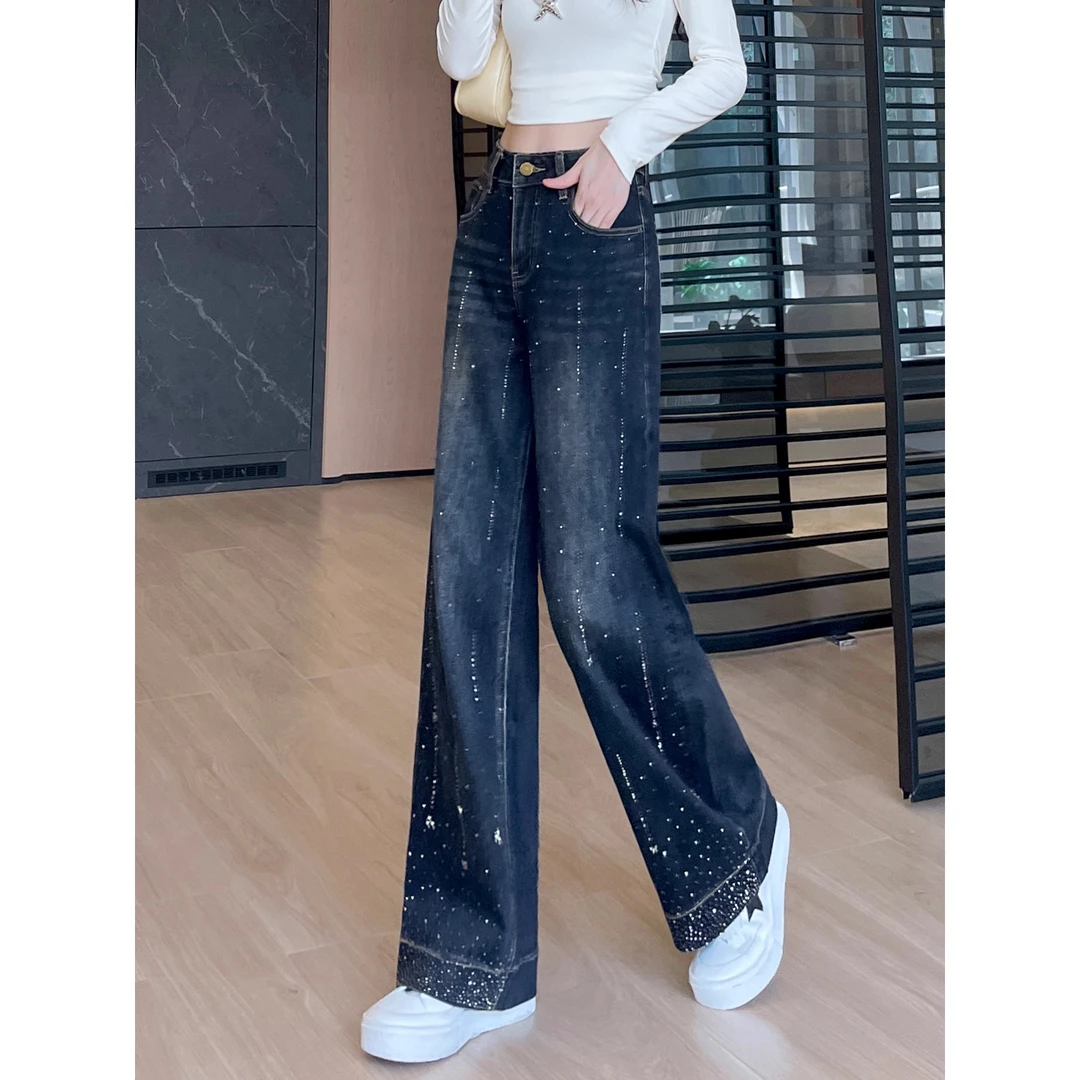 烫钻阔腿牛仔裤女2025秋季新款高腰窄版复古高街直筒垂感拖地裤子
