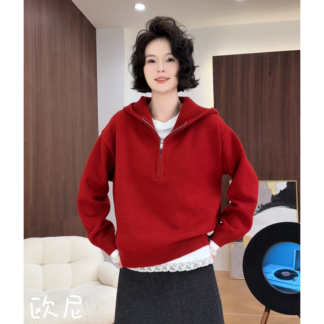 欧尼私服 2025冬季新款连帽套头半拉链休闲针织毛衣帽衫2510C7360