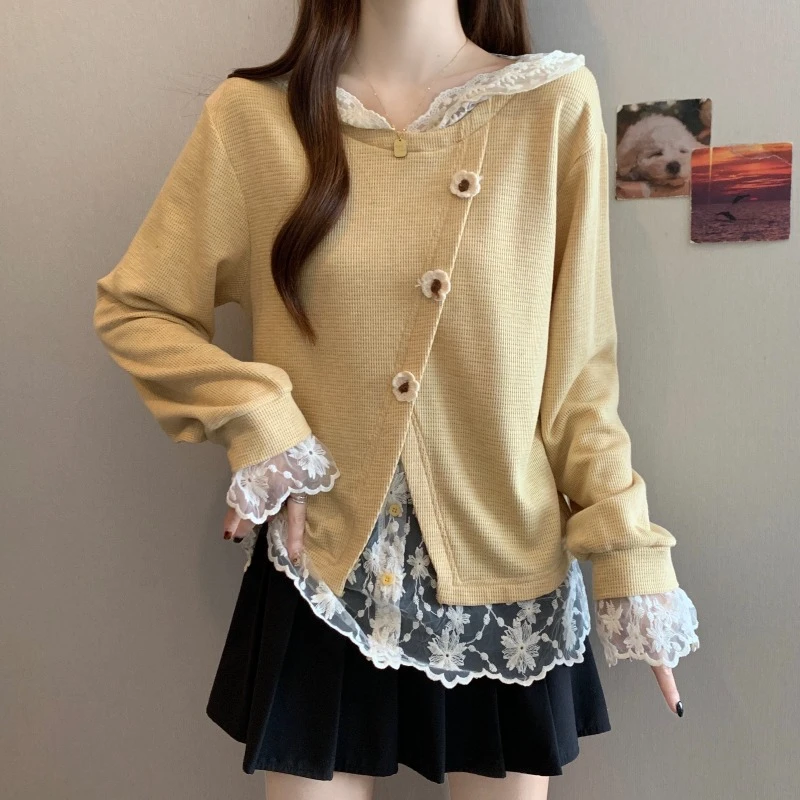 大码设计感蕾丝拼接长袖卫衣女春秋胖MM宽松显瘦百搭洋气开叉上衣