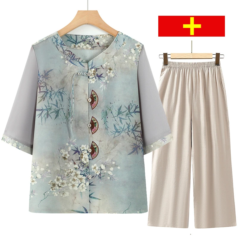 妈妈装衬衫夏季薄款中老年人奶奶女装新中式国风洋气上衣两件套装