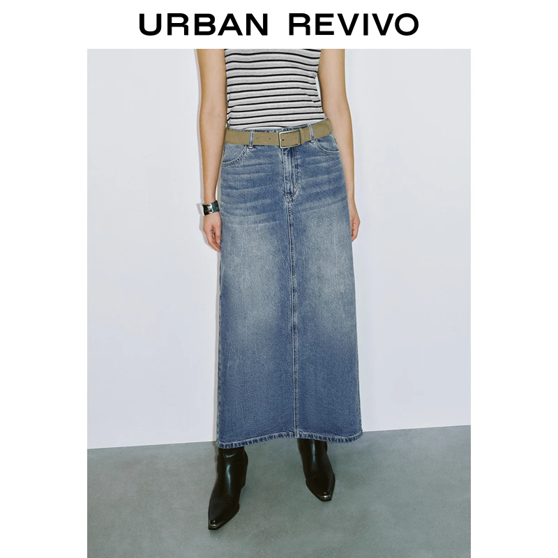 UR2025春季新品女装欧若风休闲开衩腰带装饰牛仔半裙UWJ850021