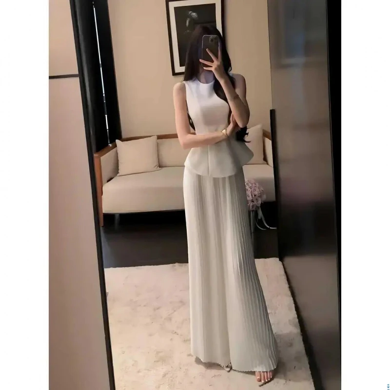 无袖背心荷叶边上衣女小众炸街高级感女装褶皱大阔腿裤两件套