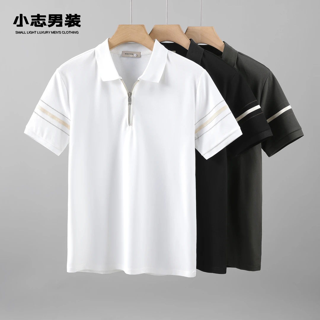 【断码五折】韩系拉链POLO衫高级翻领痞帅袖口条纹休闲百搭短袖上衣