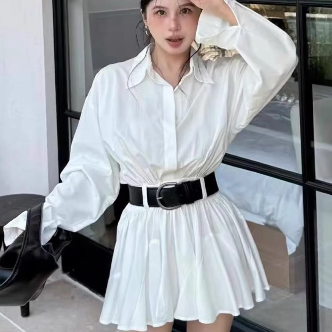 依依家大码女装早秋新款带腰带时尚连衣裙衬衫领简约显瘦A字裙摆