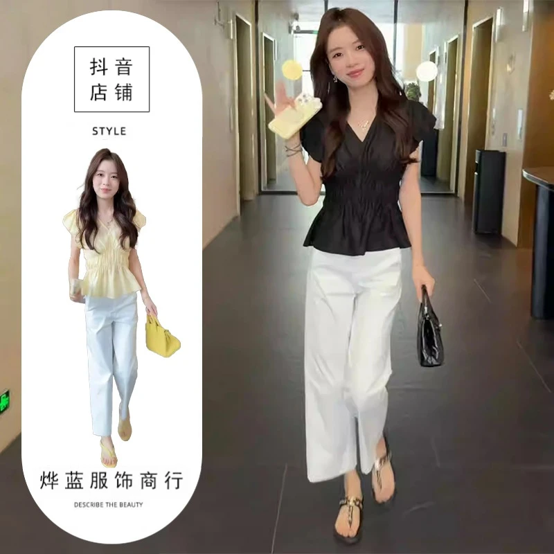 巨好看的夏天套装小个子时尚洋气减龄飞飞袖上衣九分休闲裤两件套