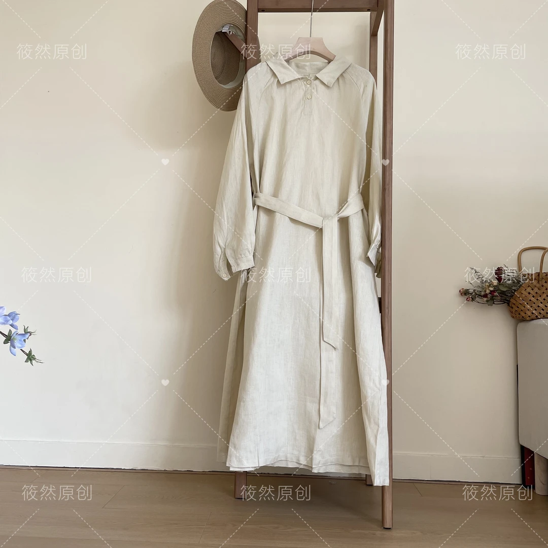 新款肌理亚麻长袖连衣裙纯色娃娃领减龄风长裙子 裙长123 胸围120