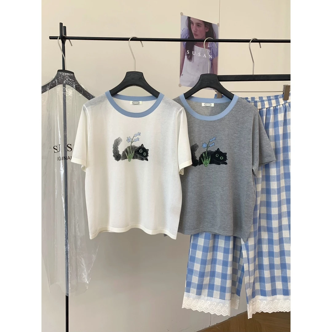 大码女装韩版百搭撞色卡通印花短袖针织衫女夏季新款百搭套头上衣