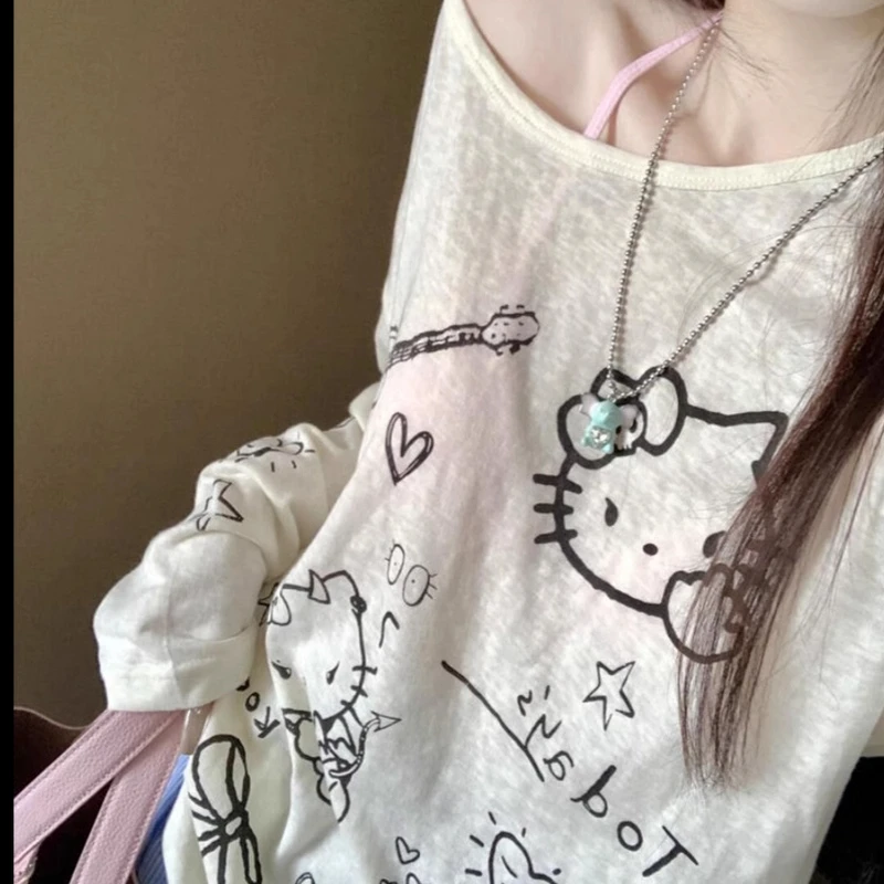 2025新款白色涂鸦圆领长袖t恤女夏季防晒罩衫修身休闲百搭上衣潮