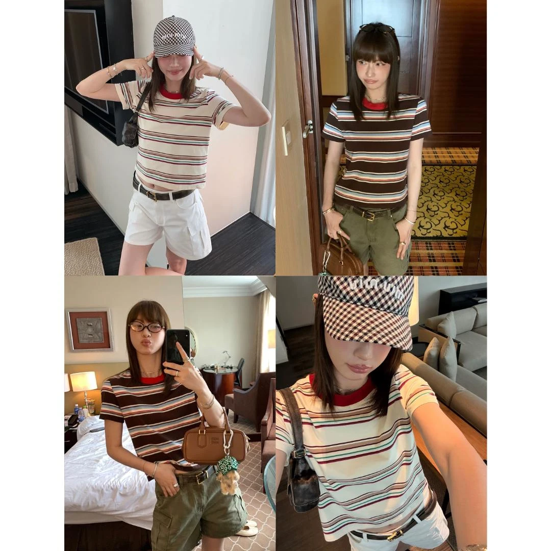 夏日学院撞色条纹圆领短袖T恤C 8974#