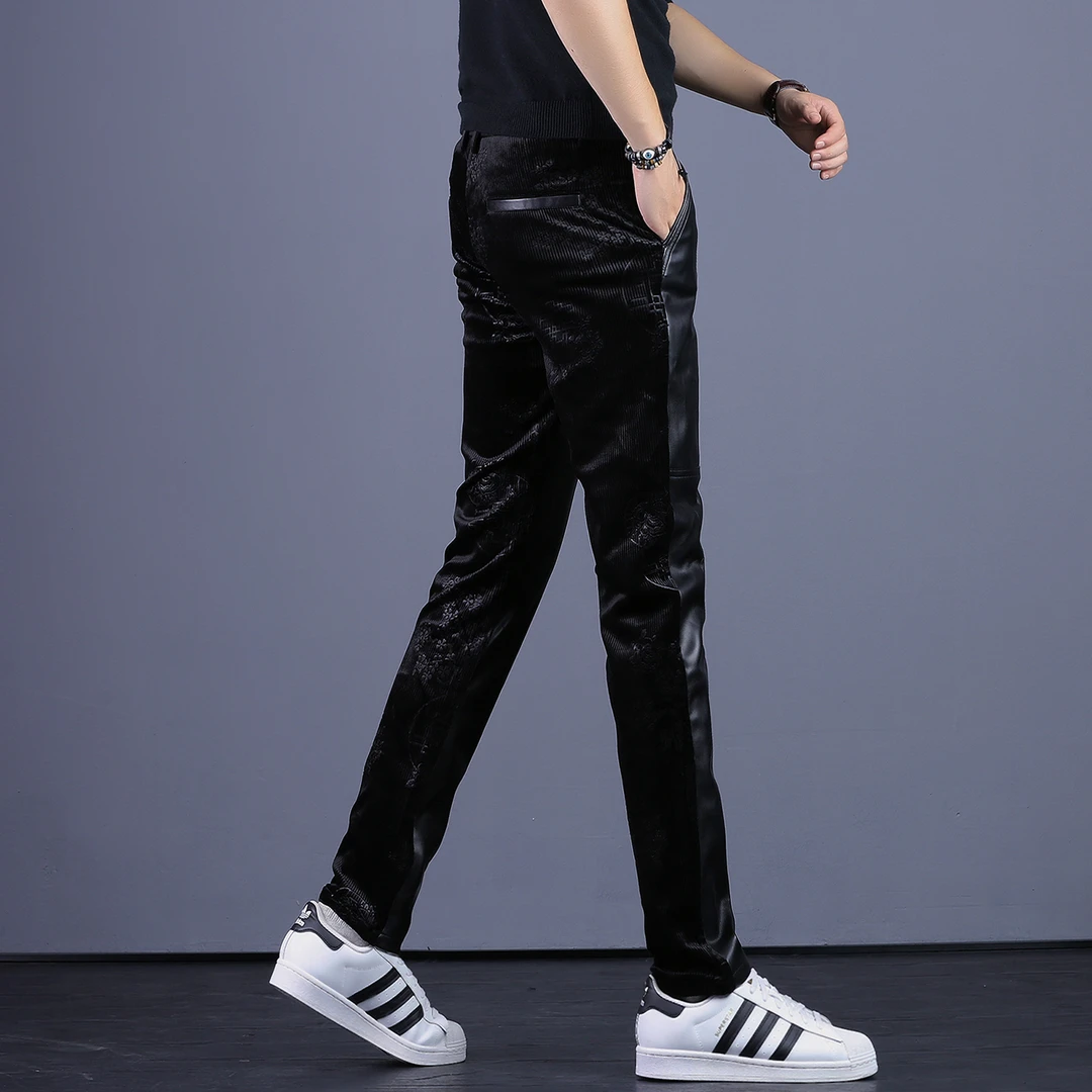 2025新款高端灯芯绒男裤子潮牌拼接皮裤男韩版修身弹力男士休闲裤
