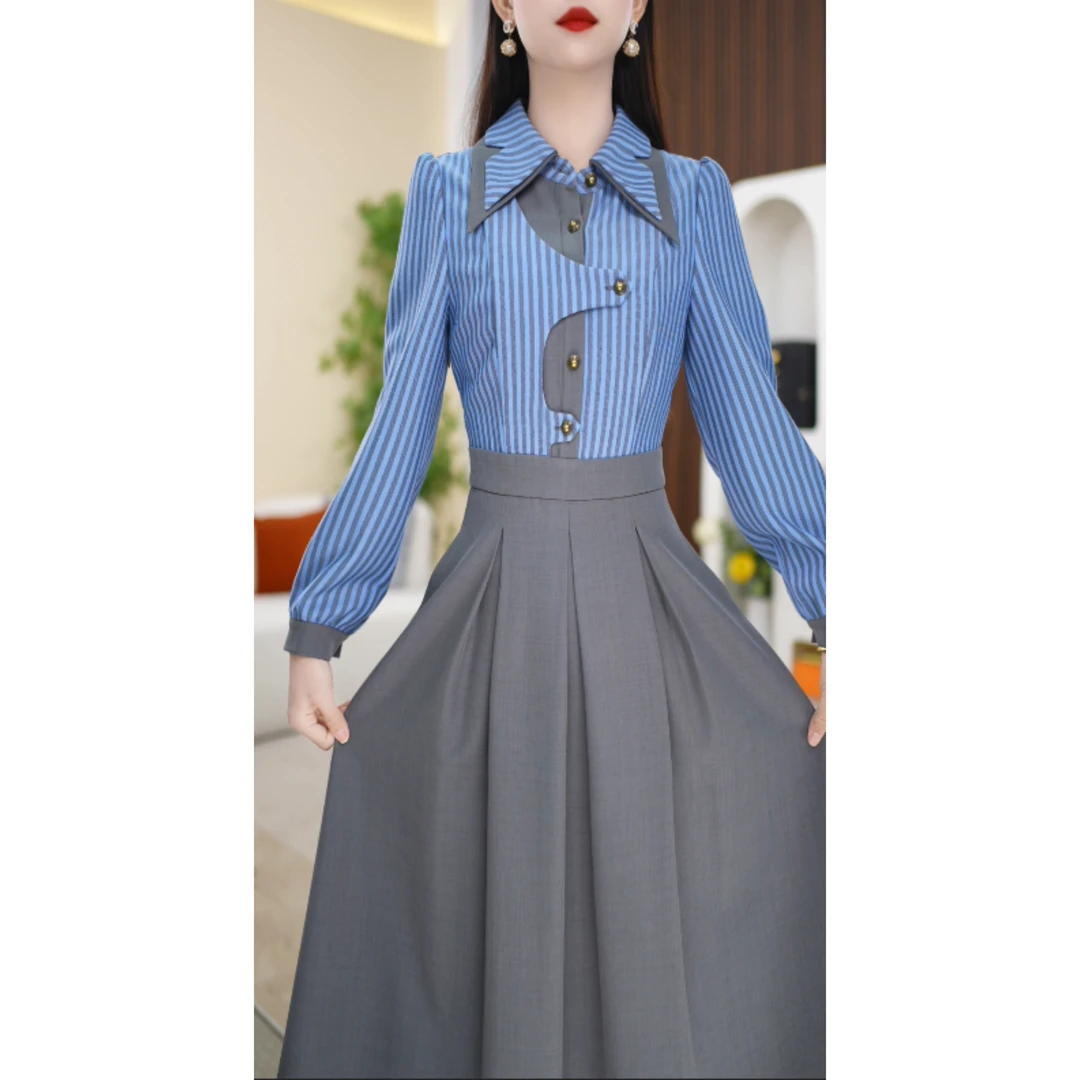 【连衣裙】收腰系带拼接条纹娃娃领设计感中长款连衣裙M-5XL