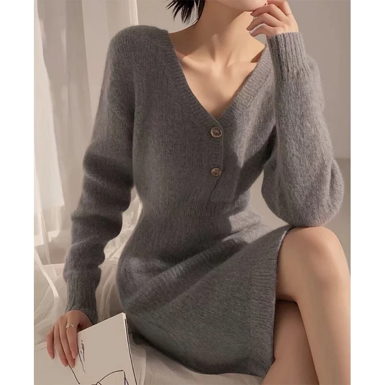 2025冬季新款法式时尚气质高级感穿搭修身绝美灰色针织连衣裙女装