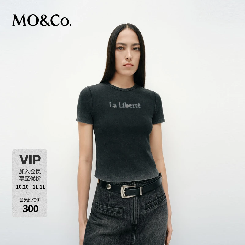 MOCO短袖T恤2025春新品弹力棉修身短款渐变脏染水洗MBE1TEET12